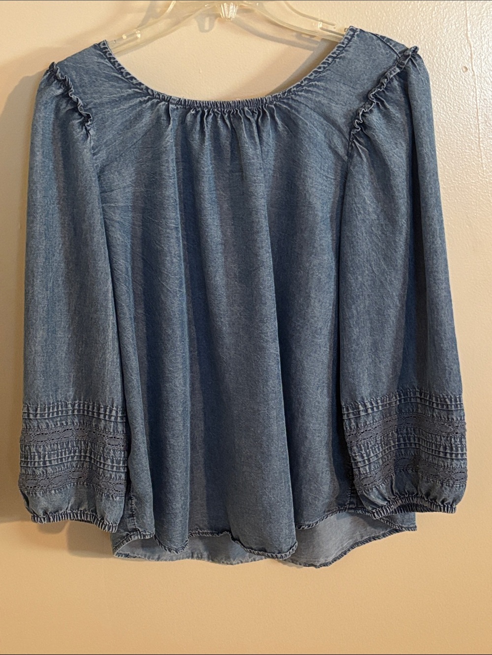 LC Lauren Conrad 3/4 Sleeve Chambray Blue Peasant Blouse with Feminine details